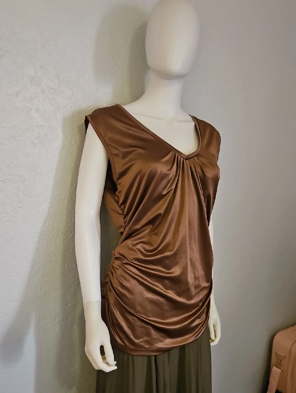 NEW YORK & CO Bronze Satin Ruched V-neck Sleeveless Top